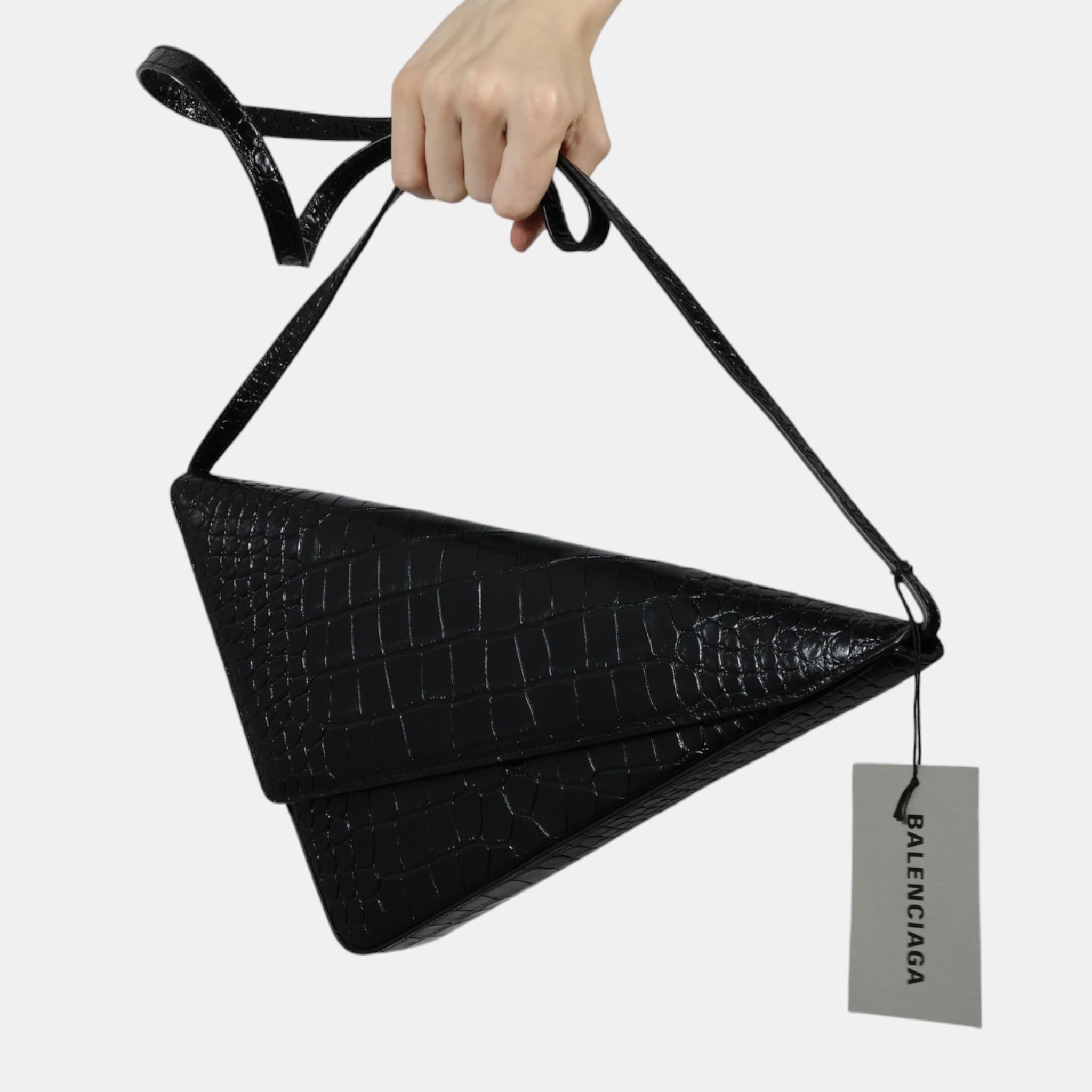 Balenciaga Black Faux Croc-Embossed Calfskin Leather Triangle Clutch - Brand New - Balenciaga - from the ss17 to aw21 archives