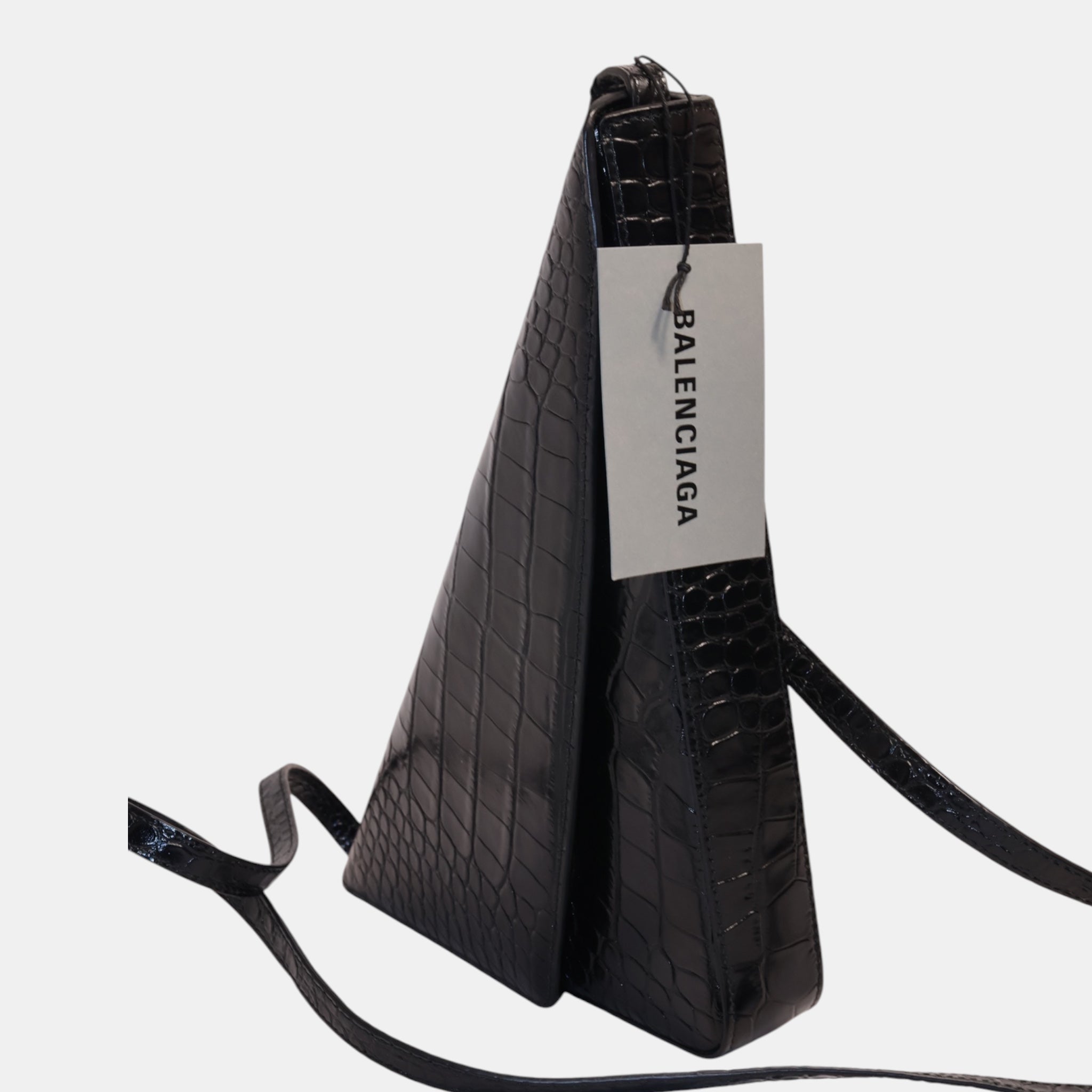 Balenciaga Black Faux Croc-Embossed Calfskin Leather Triangle Clutch - Brand New - from the ss17 to aw21 archives