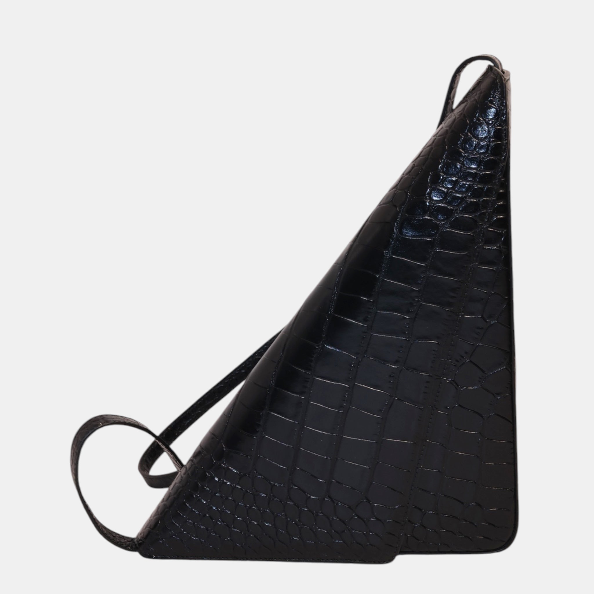 Balenciaga Black Faux Croc-Embossed Calfskin Leather Triangle Clutch - Brand New - from the ss17 to aw21 archives