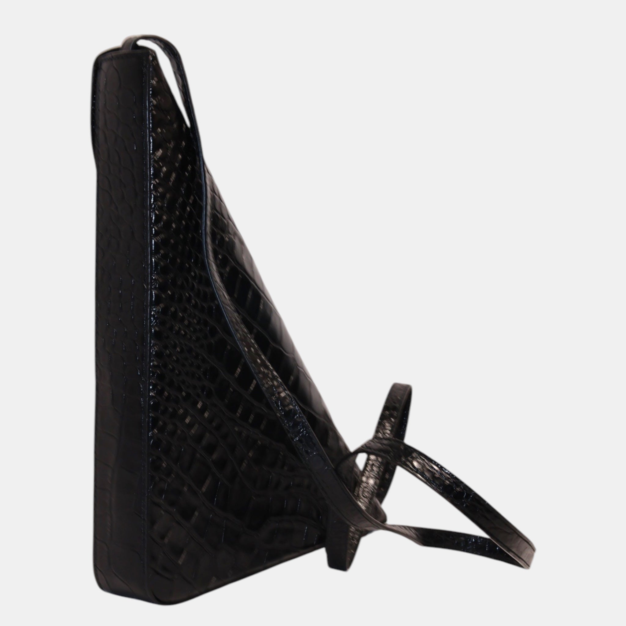 Balenciaga Black Faux Croc-Embossed Calfskin Leather Triangle Clutch - Brand New - Balenciaga - from the ss17 to aw21 archives