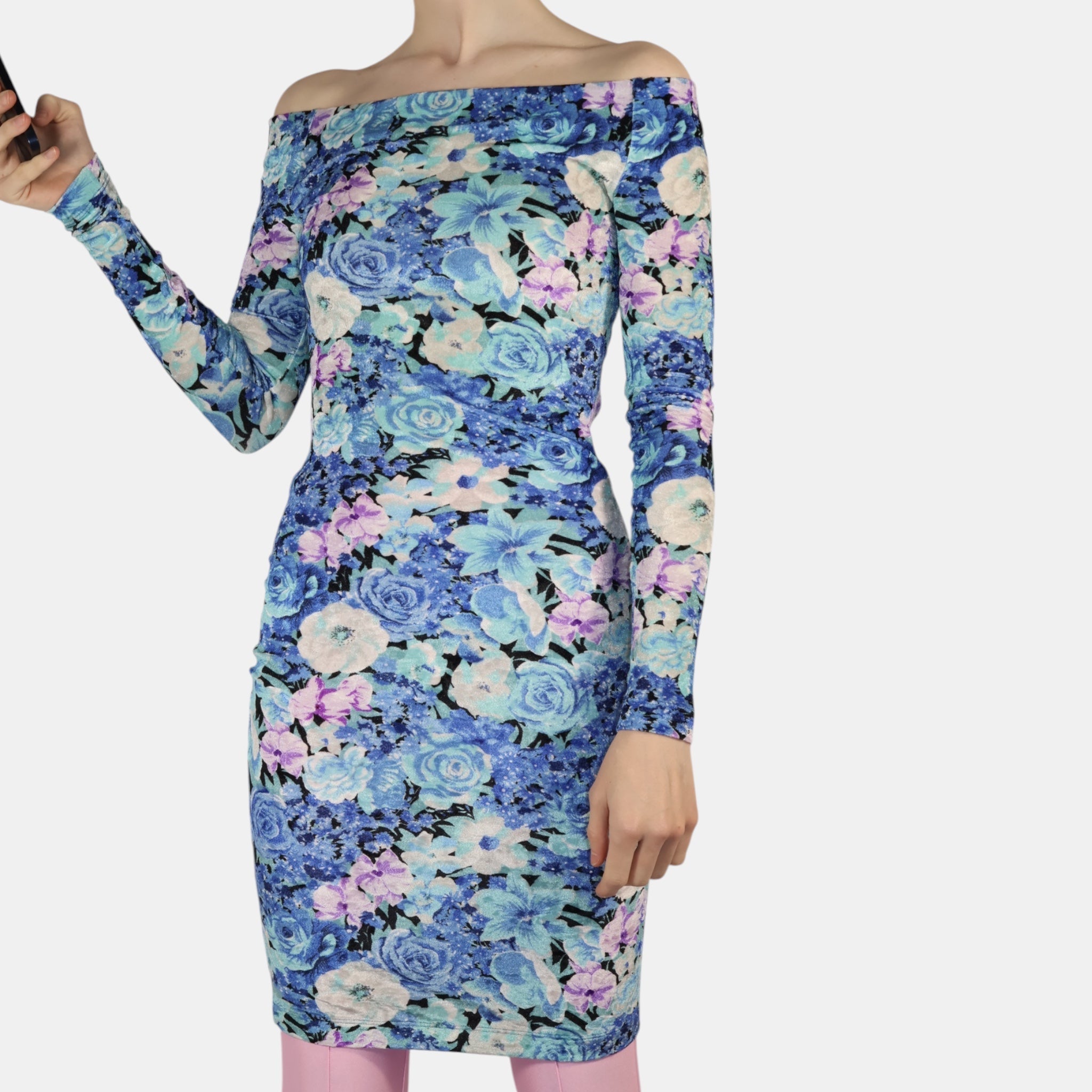 [Runway] Balenciaga Open Shoulder Floral Crushed Velvet Dress (F34) - Brand New w/ Tags - Balenciaga - from the ss17 to aw21 archives